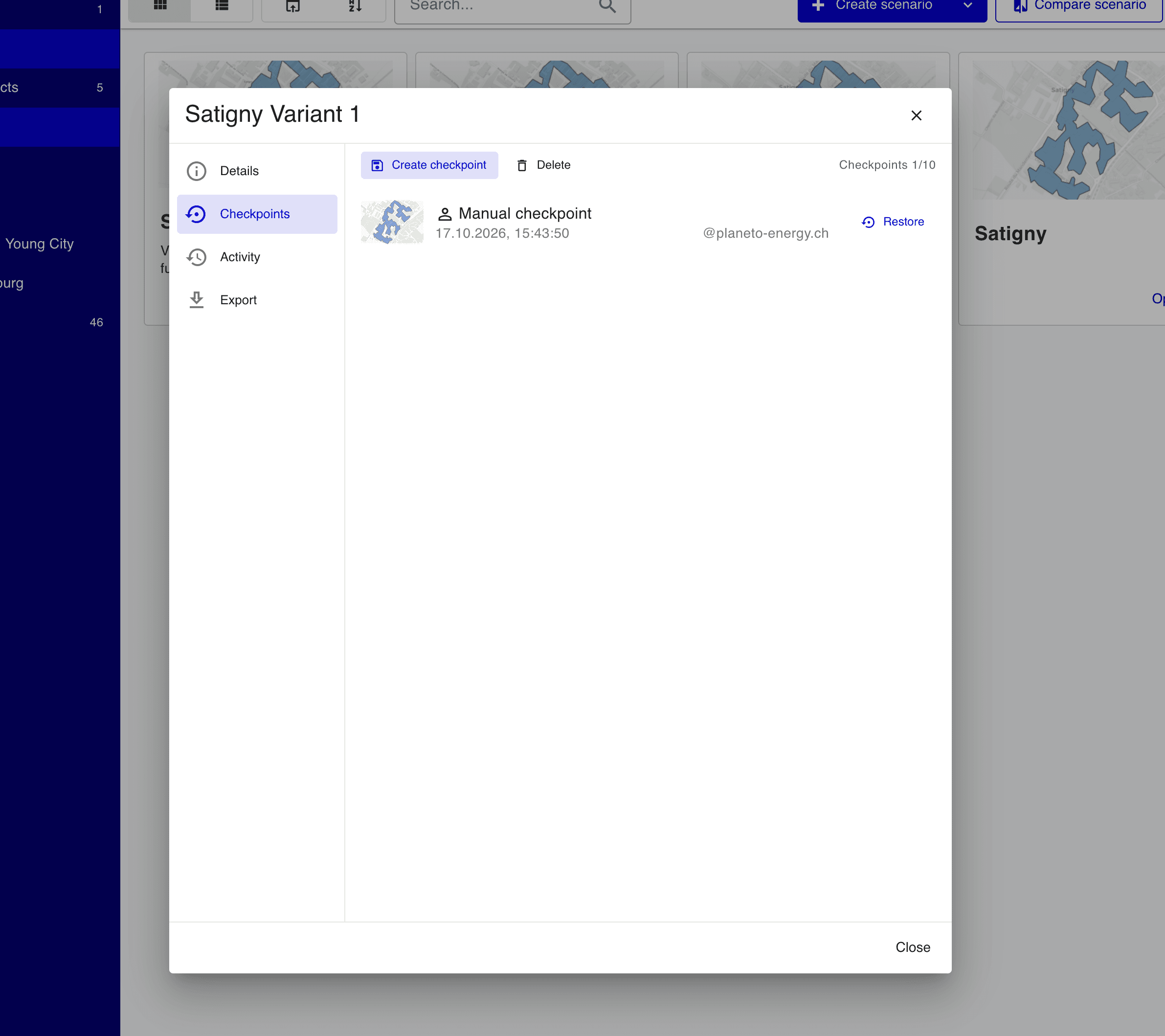 The Checkpoints panel of the TESSA scenario details dialog, with a manual checkpoint and a Restore button