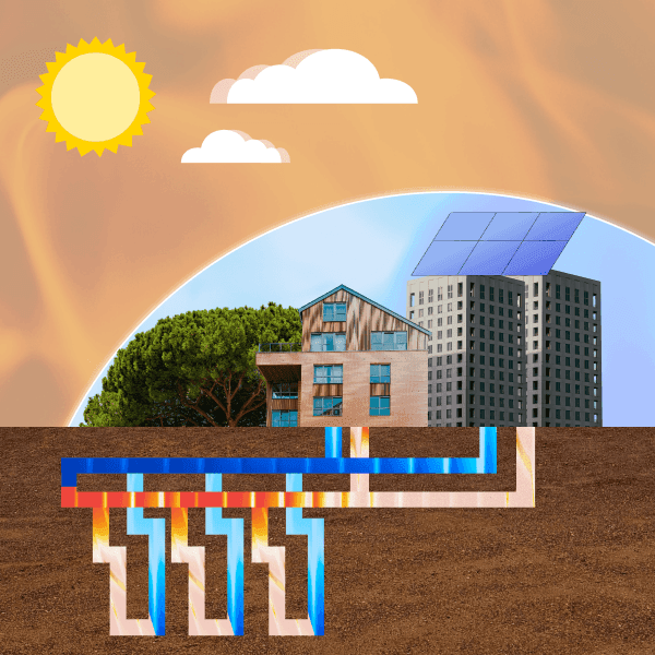Shallow geothermal boreholes under a building, paired with rooftop PV