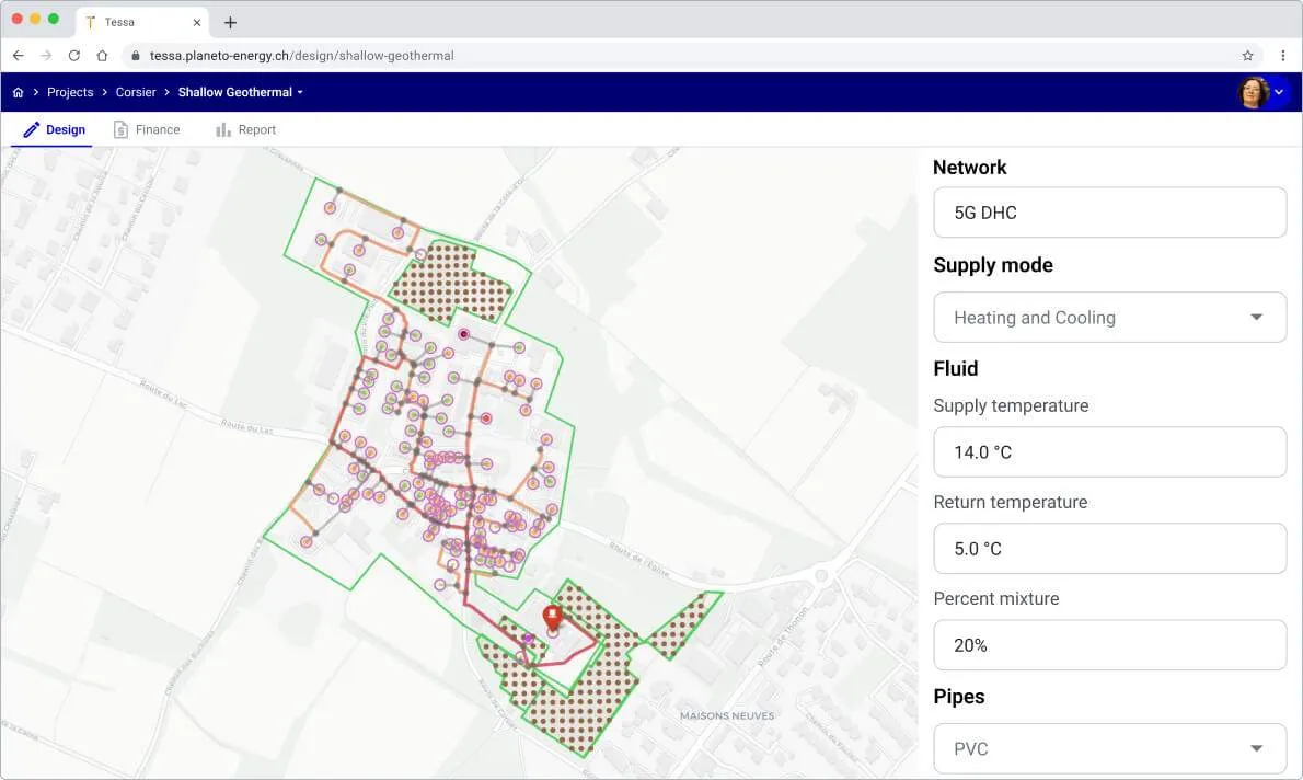 A 5G low-temperature district heating and cooling network with shallow geothermal borehole fields, designed in Planeto