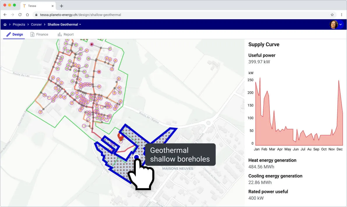 A borehole field sized in Planeto, showing the annual supply curve with both heating and cooling energy generation