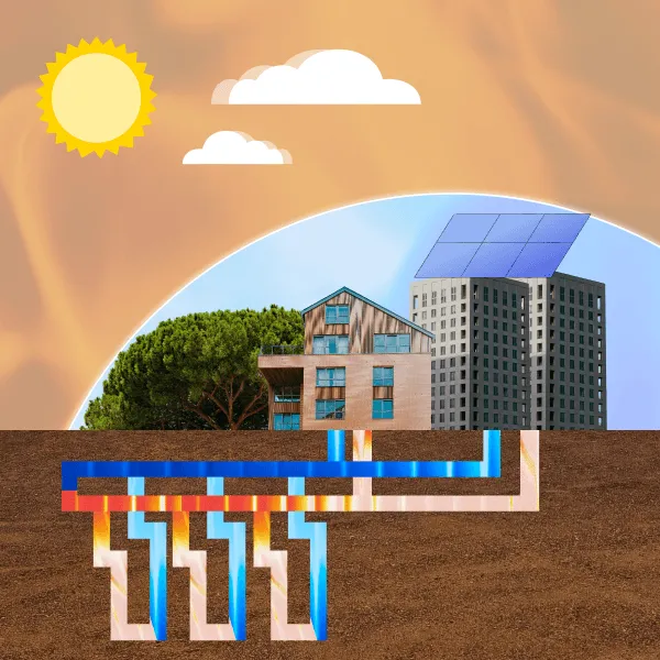 Shallow geothermal boreholes under a building, paired with rooftop PV
